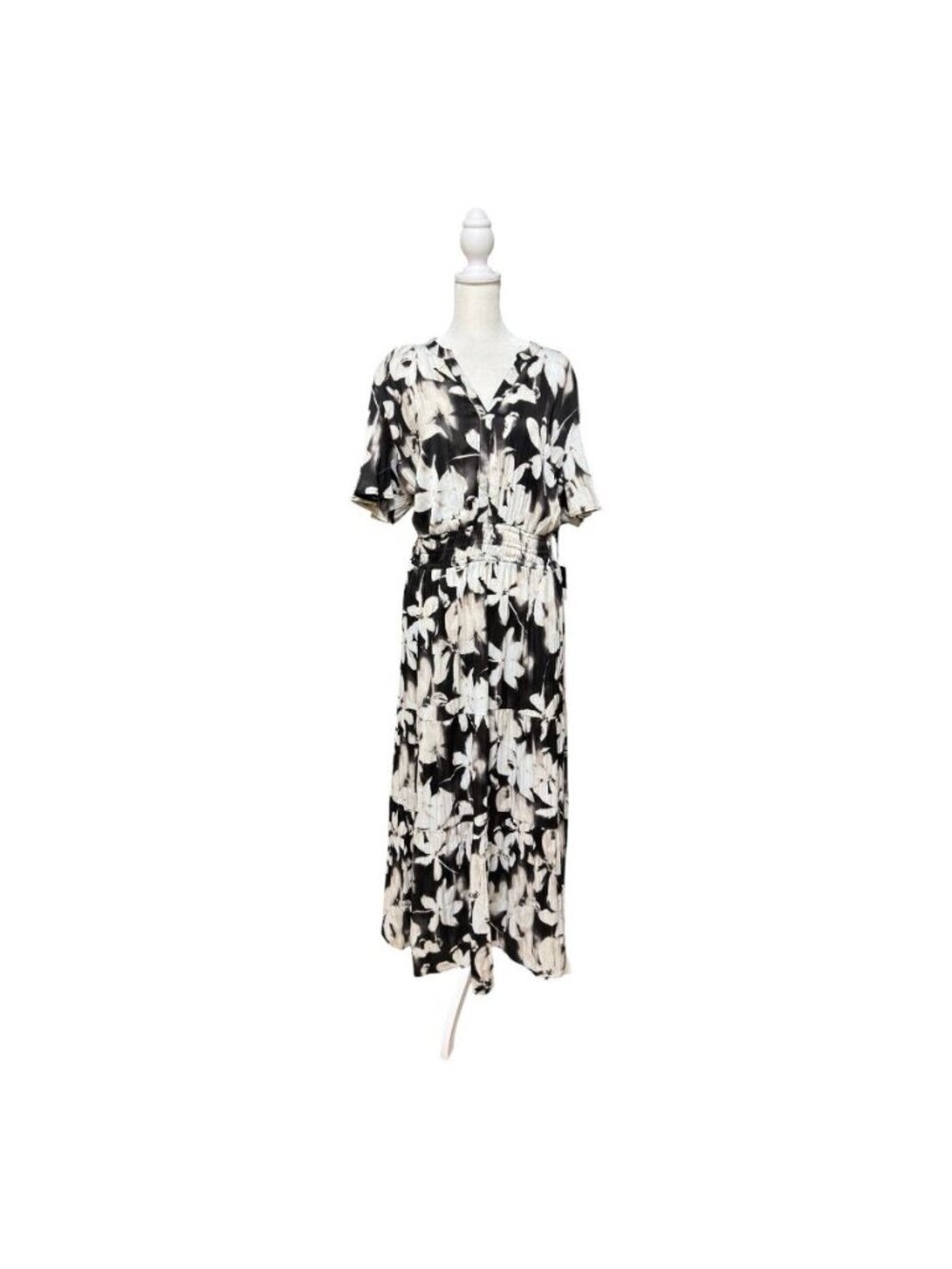 Simply Vera Vera Wang NWT Floral Maxi Dress XL Black White Tiered Short Sleeve